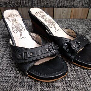 Wedge Heel Sandals FLY GIRL Black Leather Slip On Mules Size 5.5 / 6